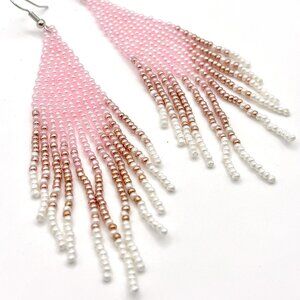 Hand Beaded Shimmery Pastel Pink Copper Gradient Tassel Dangle Earrings